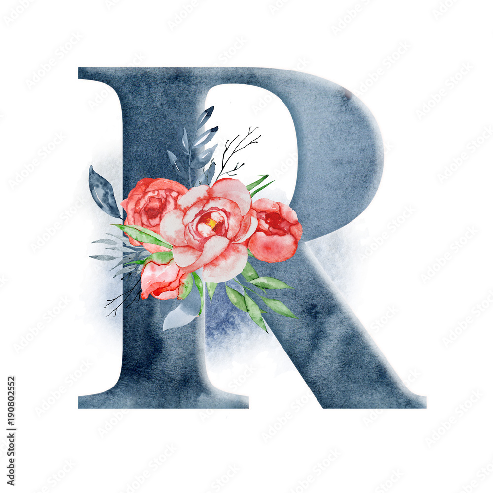 Floral watercolor alphabet. Monogram initial letter R design with hand ...