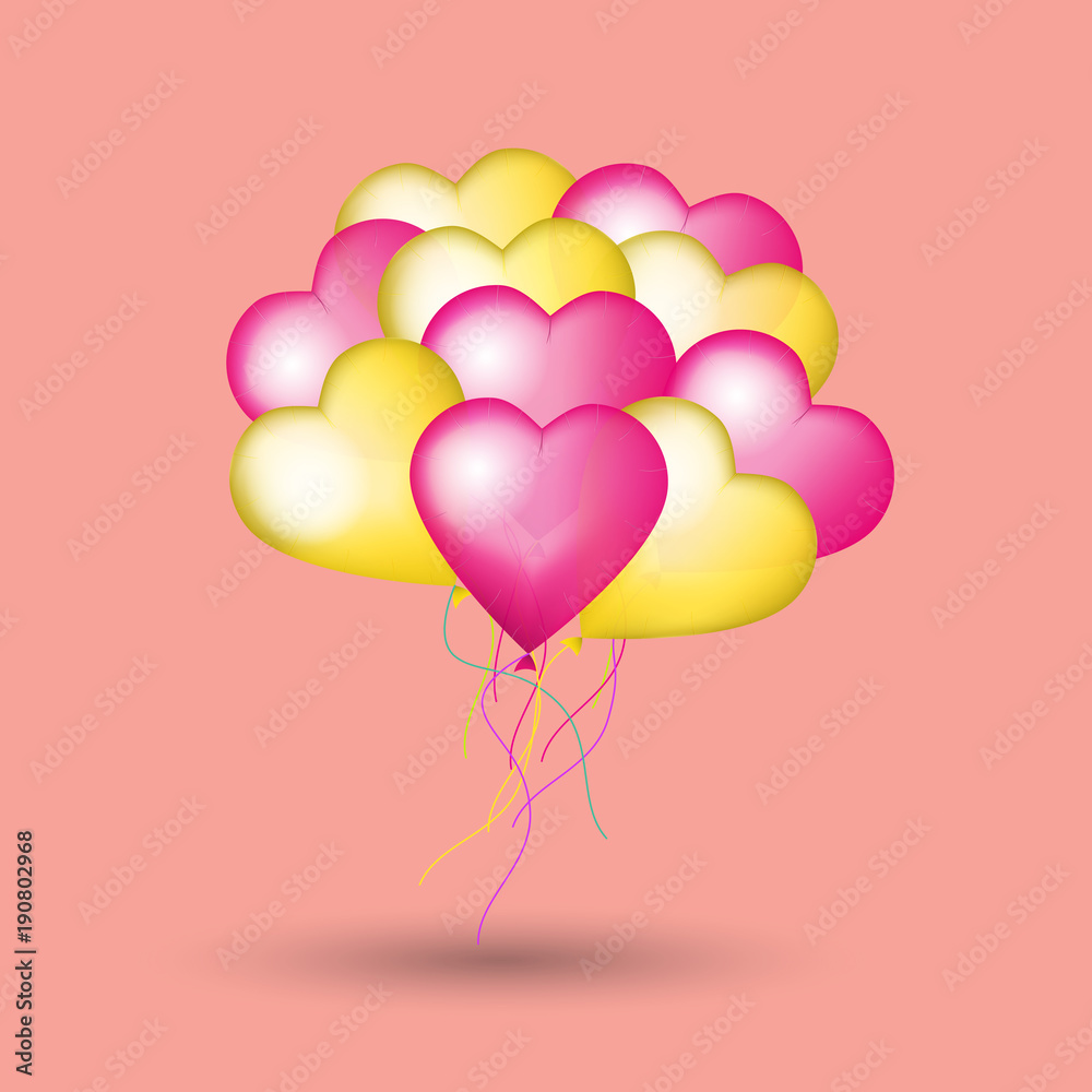 Valentine's day card with heart balloons. 3d vector illustration. Bunch of pink and golden helium balloons. Festive background for Mothers day or Womans Day.