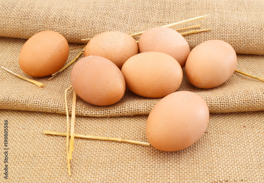Fresh eggs from farm in burlap burlap background Fresh eggs from farm in burlap burlap background