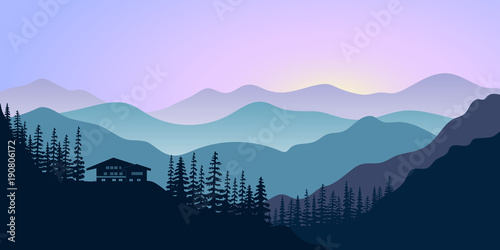 silhouettes of mountains, chalet and forest at sunrise. Vector illustration.