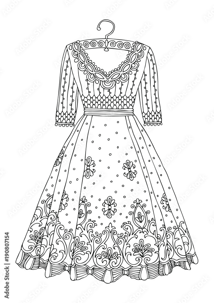 Women's lace dress. Hand drawn illustration for coloring page, poster ...