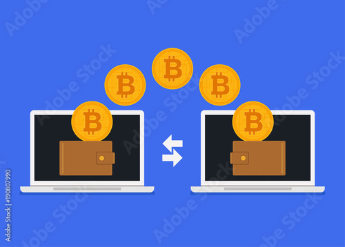 Bitcoin transaction from laptop to laptop. Electronic web wallet. Crypto currency concept. Vector flat cartoon illustration