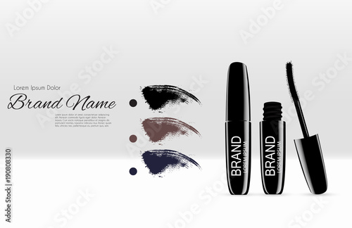 Fashion Design Makeup Cosmetics Product  Template for Ads or Magazine Background.  Mascara Product Series Reportv 3D Realistic Vector Iillustration