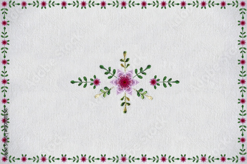 Pattern frame for embroidery tablecloth from garlands of pink cloves and red flowers with leaves


