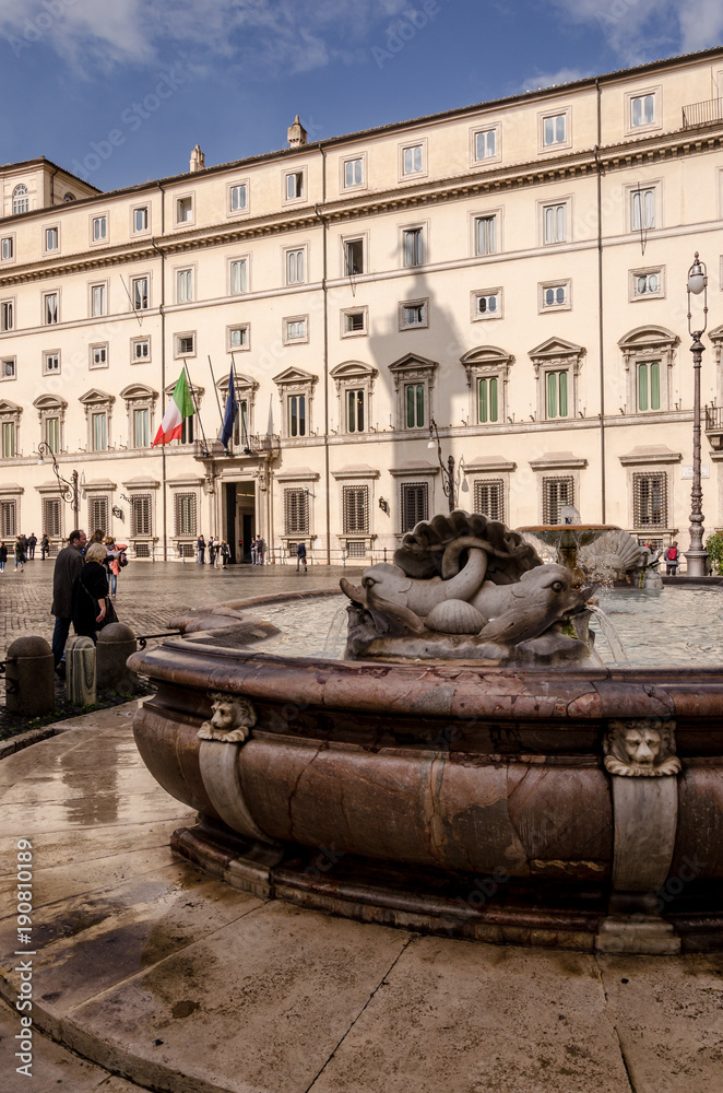 Chigi Palace's Square in Rome, view of Chigi Palace, Italian Government Seat. Rome Italy.