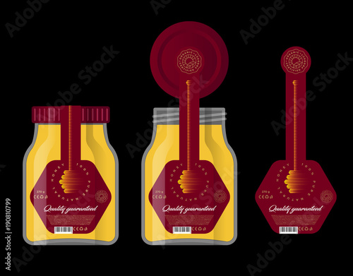 Packaging for honey. Honey logo. Honey dipper icon Glass jar and lid with a label. 