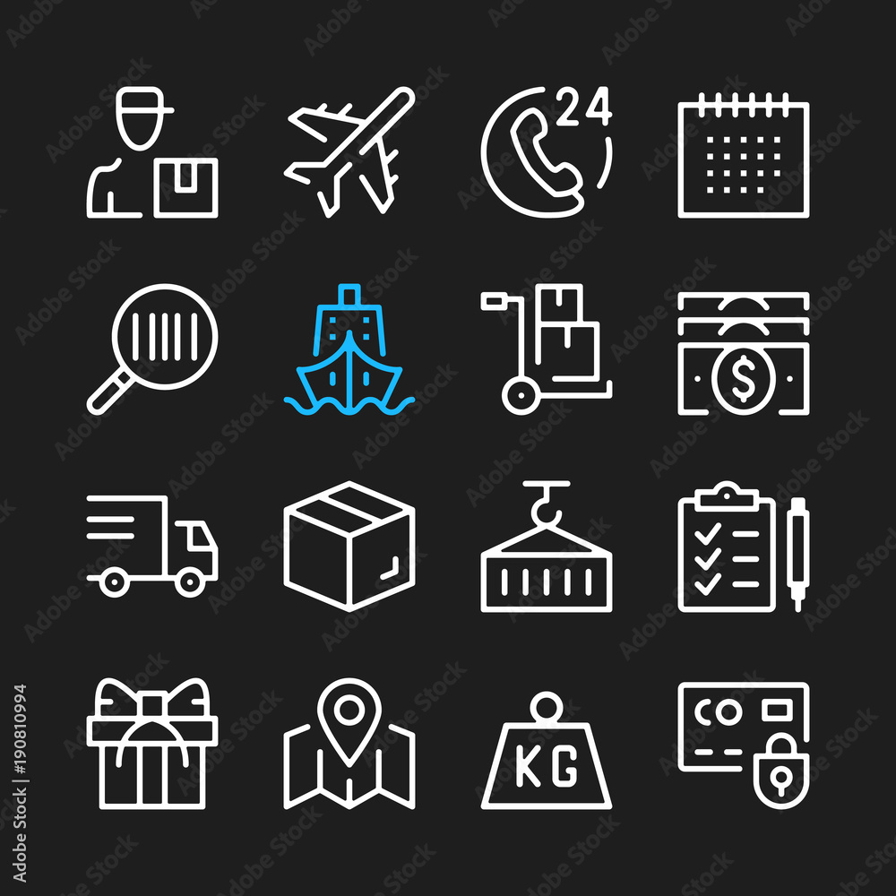 Delivery line icons. Modern graphic elements, simple outline thin line design symbols. Vector icons set Delivery line icons. Modern graphic elements, simple outline thin line design symbols. Vector icons set