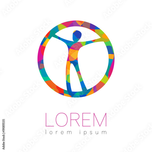 Modern vector Human silhouette in circle logotype isolated on white background. Rainbow bright colors. Man happy inside. Health symbol. Concept design for web, clinic, school, education. Creative