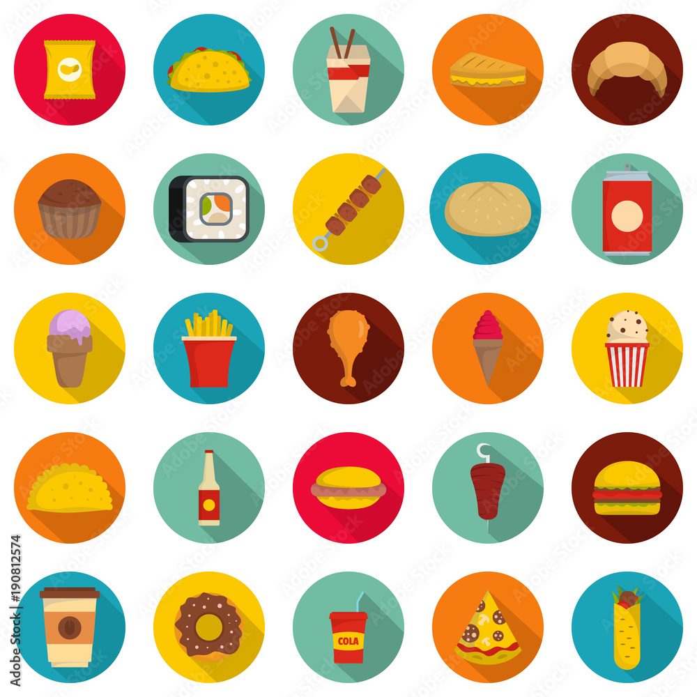 Fast food icons set. Flat illustration of 25 fast food vector icons circle isolated on white