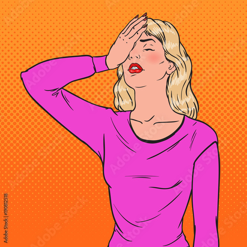 Pop Art Ashamed Young Woman Covering Her Face with Hands. Facial Expression Negative Emotion. Vector illustration