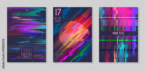 Glitch Futuristic Posters, Covers Set. Hipster Design Compositions for Brochures, Flyers, Placards. Trendy Template. Vector illustration