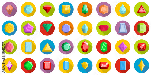 Jewel icons set. Flat illustration of 32 crystal jewel vector icons circle isolated on white