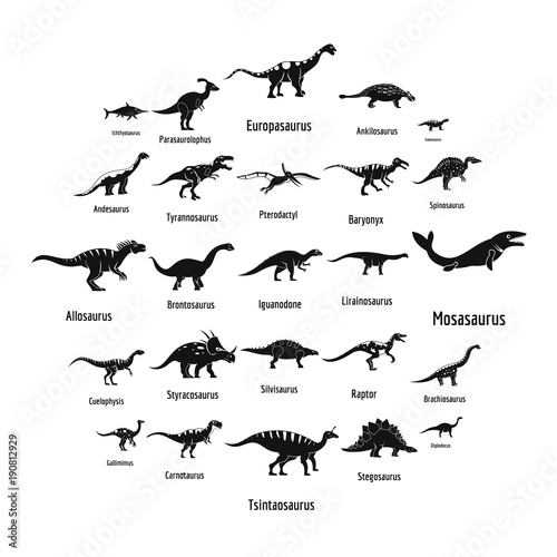 Dinosaur types signed name icons set. Simple illustration of 25 dinosaur types signed name vector icons for web