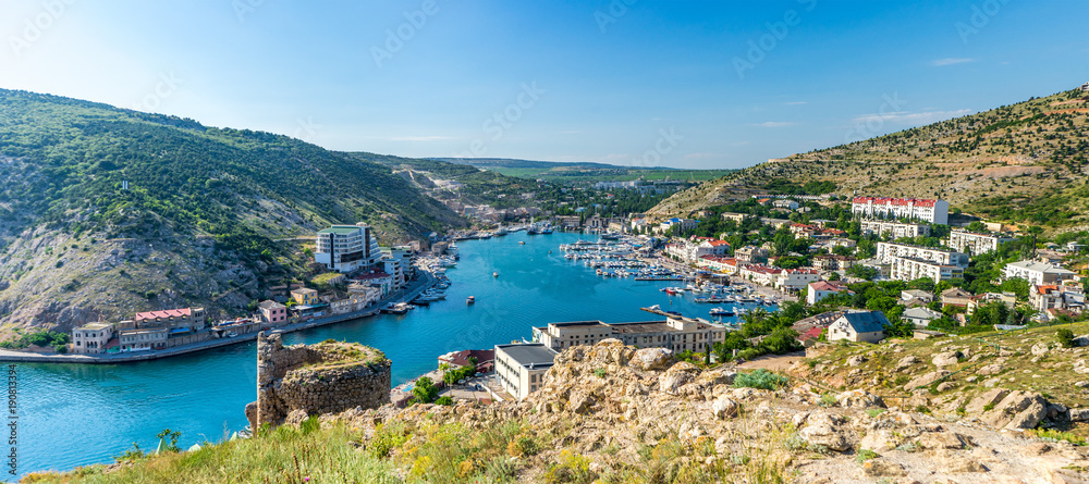 Panorama of the Balaklava bay. View from the fortress Cembalo. Russia, the Crimea