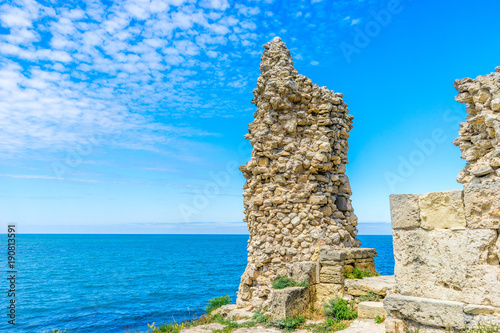 Ruins of an ancient wall in Chersonese, an ancient city on the territory of Sevastopol in the Crimea, in Russia