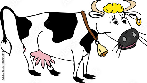 painted big white cow with black spots, a bell hanging on the neck