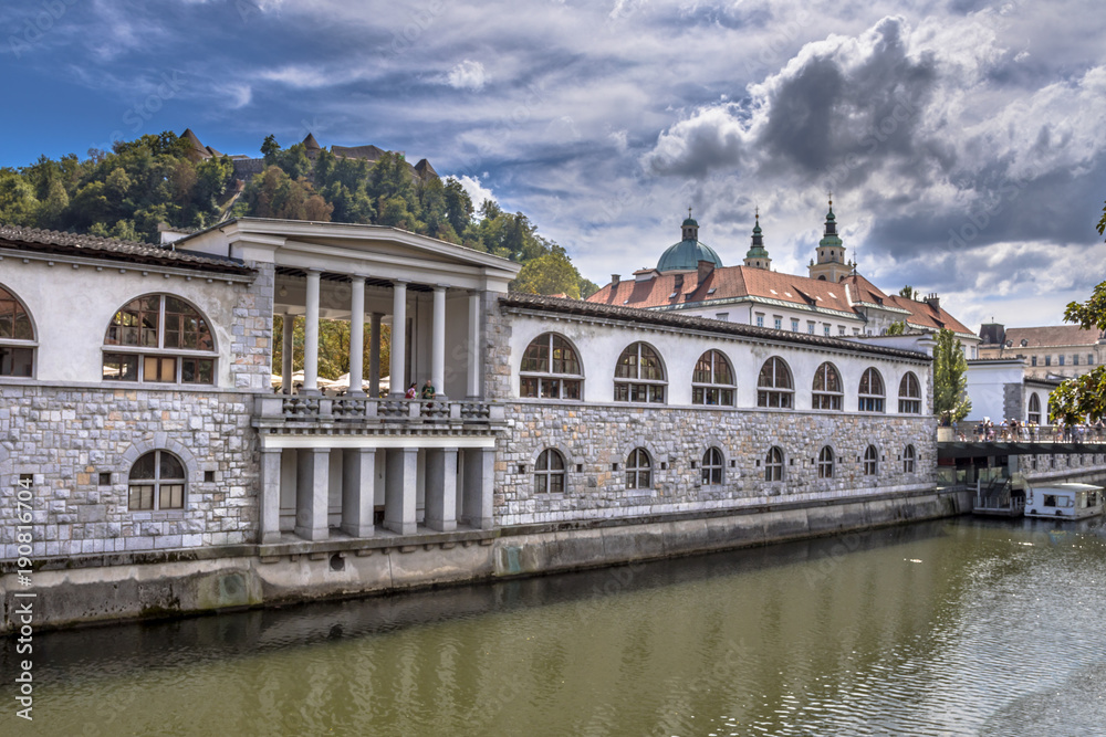 Cityscape view on Ljubljanica river