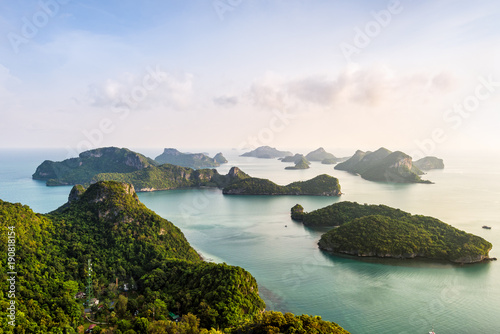 High angle view beautiful nature landscape of island and sea in the morning sky from Ko Wua Ta Lap viewpoint in Mu Ko Ang Thong National Marine Park, Surat Thani, Thailand