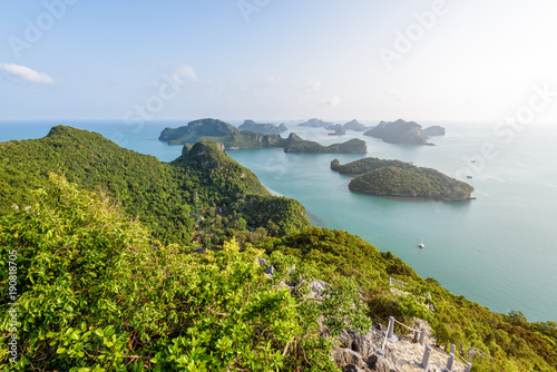 High angle view beautiful nature landscape of island and sea in the morning sky from Ko Wua Ta Lap viewpoint in Mu Ko Ang Thong National Marine Park, Surat Thani, Thailand