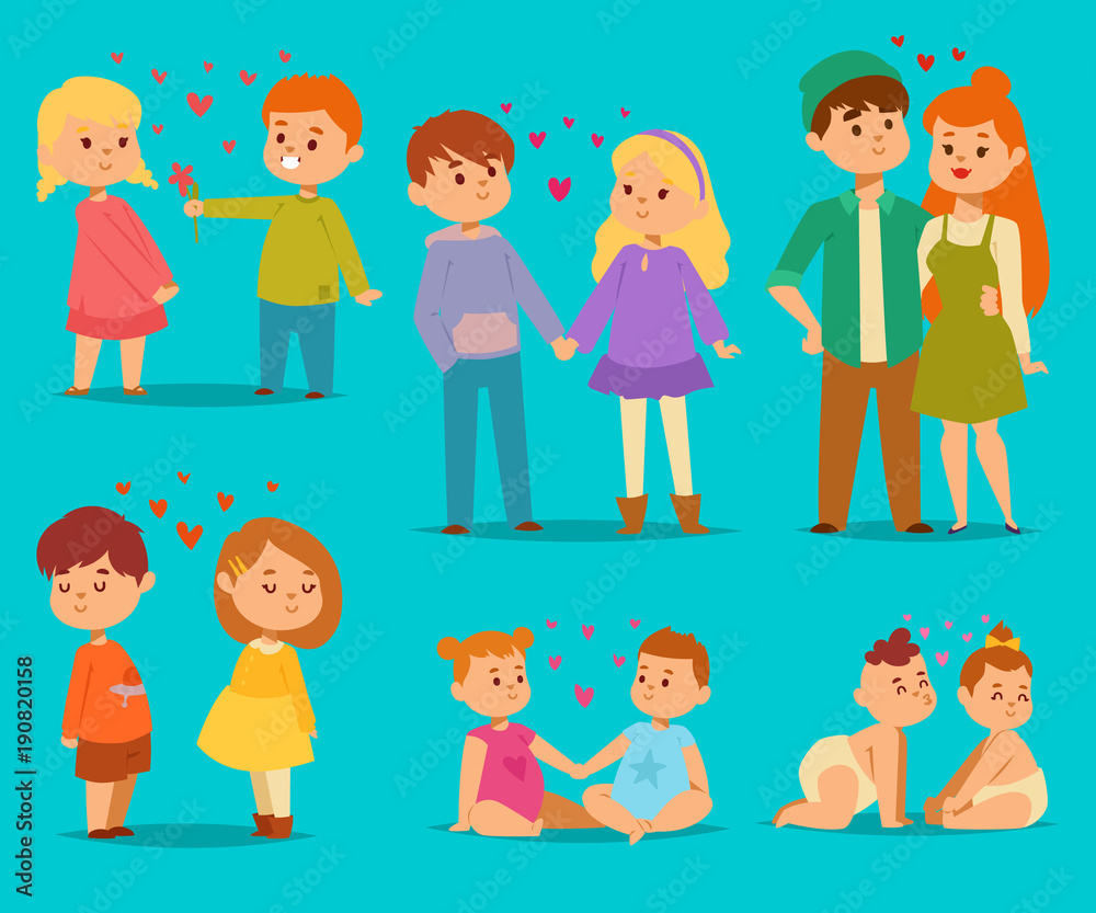 Happy smiling kids lovely couple with hearts fall in love vector cartoon characters togetherness. Couple in love romantic boys and girls together adult relationship beautiful happiness couple in love Happy smiling kids lovely couple with hearts fall in love vector cartoon characters togetherness. Couple in love romantic boys and girls together adult relationship beautiful happiness couple in love