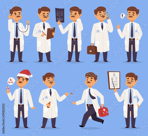 Doctor man vector character different pose nursery mustache medical men people. Vector illustration of doctor isolated on background. Different doctors characters in hospital uniform first help box