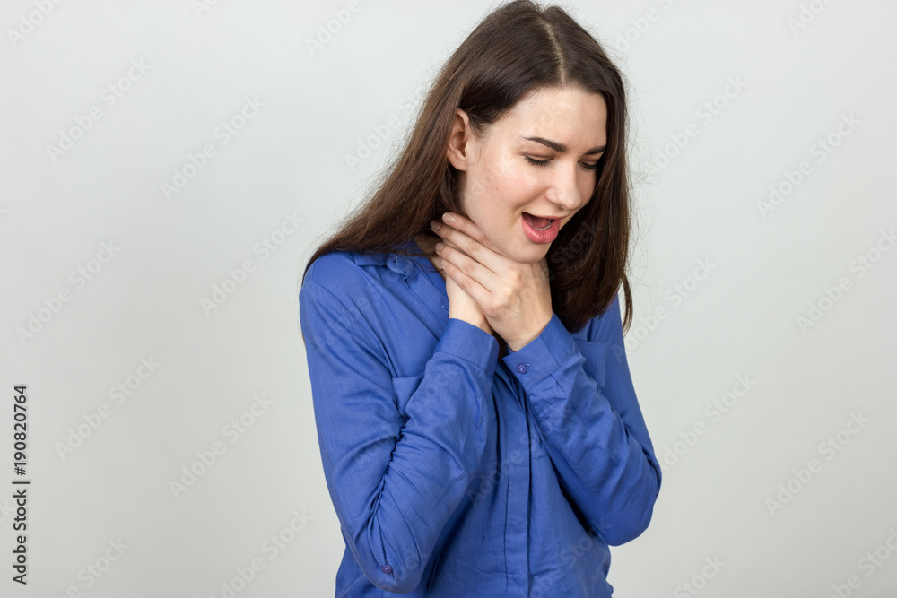Young woman with sore throat black and white with red accen Young woman with sore throat black and white with red accen