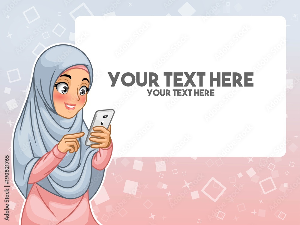 Muslim woman wearing headscarf hijab hand touching a smart phone by pointing with her finger cartoon character design, against blue pink background, vector illustration. Muslim woman wearing headscarf hijab hand touching a smart phone by pointing with her finger cartoon character design, against blue pink background, vector illustration.