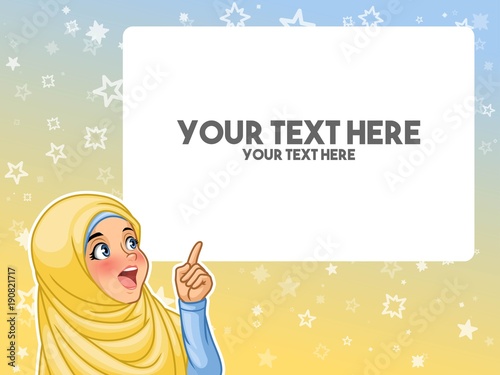 Muslim woman wearing headscarf hijab excited pointing finger up at blank copyspace cartoon character design, against blue yellow background, vector illustration.