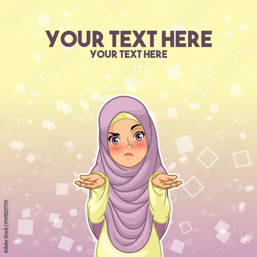 Muslim woman wearing headscarf hijab shrugging her shoulders with arms out cartoon character design, against yellow purple background, saying so what, i don't know, who cares etc. vector illustration.