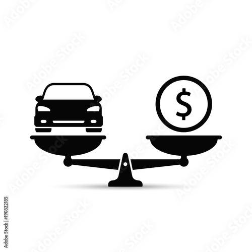 Car and money on scales icon, vector. Buying car concept flat style. Car price concept