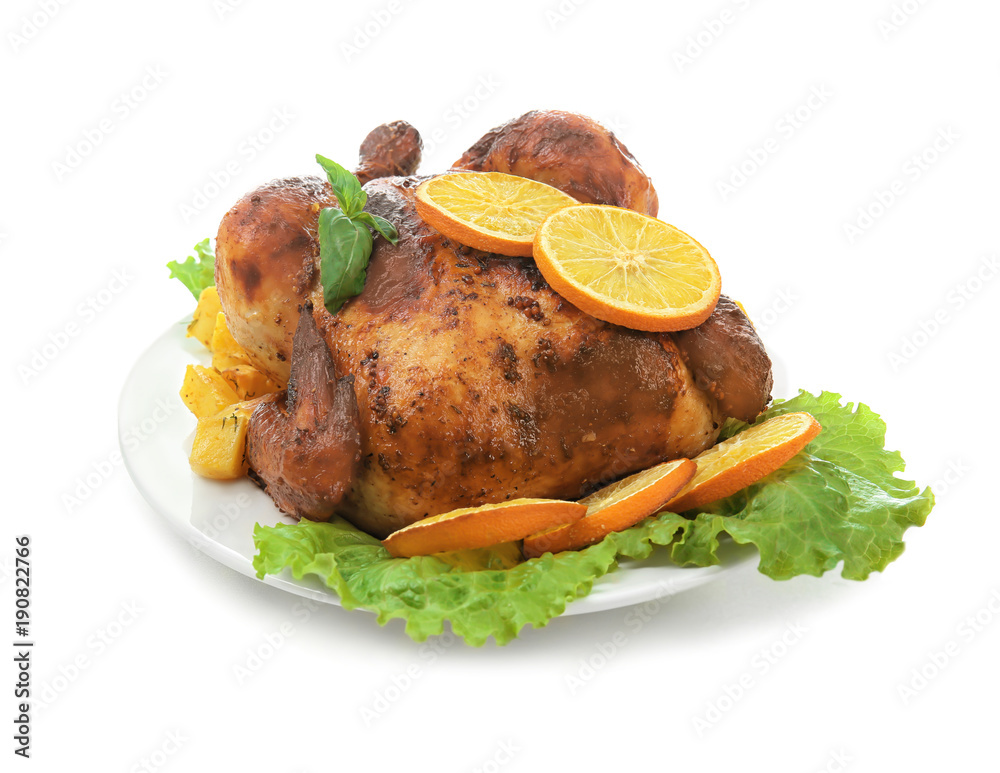 Plate with delicious whole roasted chicken on white background Plate with delicious whole roasted chicken on white background
