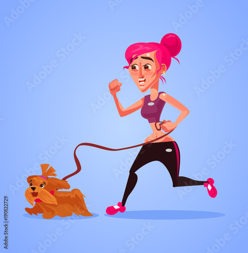 Woman character run with dog. Vector flat cartoon illustration