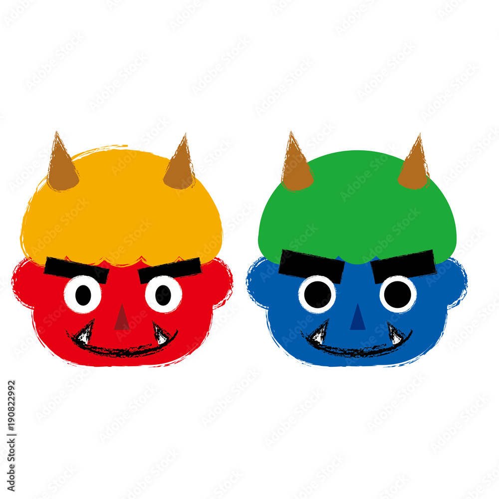 赤鬼と青鬼のイラスト 顔部分 お面 筆タッチ 節分 ベクターデータ Stock Vector Adobe Stock