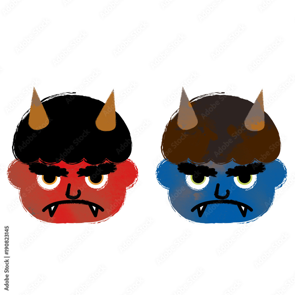 墨絵風の赤鬼と青鬼のイラスト 顔部分 お面 節分 Stock Illustration Adobe Stock