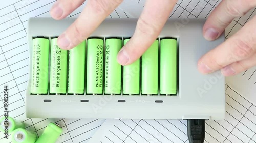 The man inserts a battery into the charger. Green batteries without labels. Full HD video. Renewable Energy Storage. Hands close-up top. Lit red LEDs.