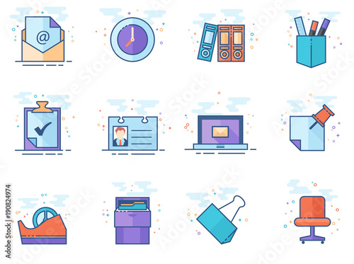 Office icon series in flat color style. Vector illustration.