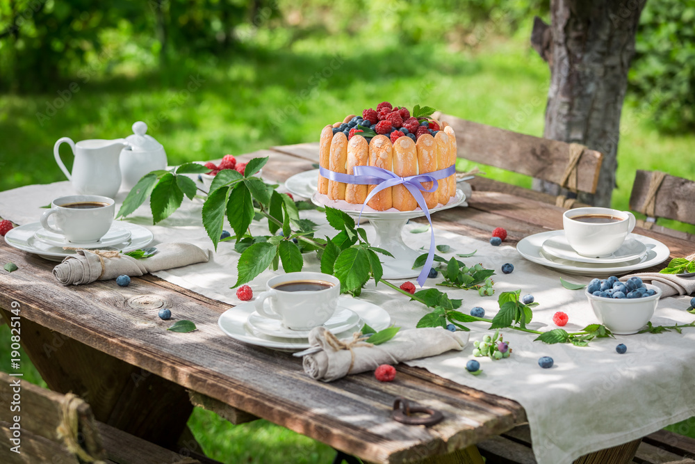 Naklejka premium Słodki deser letni z malinami i jagodami w ogrodzie