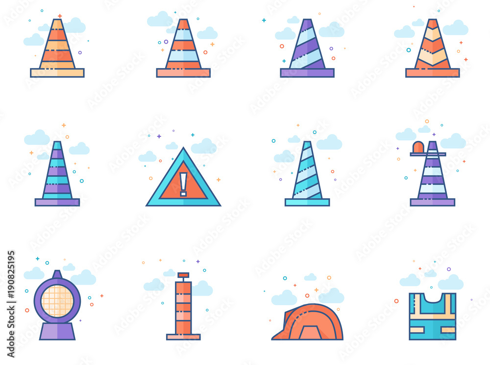 Traffic warning sign icon series in flat color style. Vector illustration. Traffic warning sign icon series in flat color style. Vector illustration.