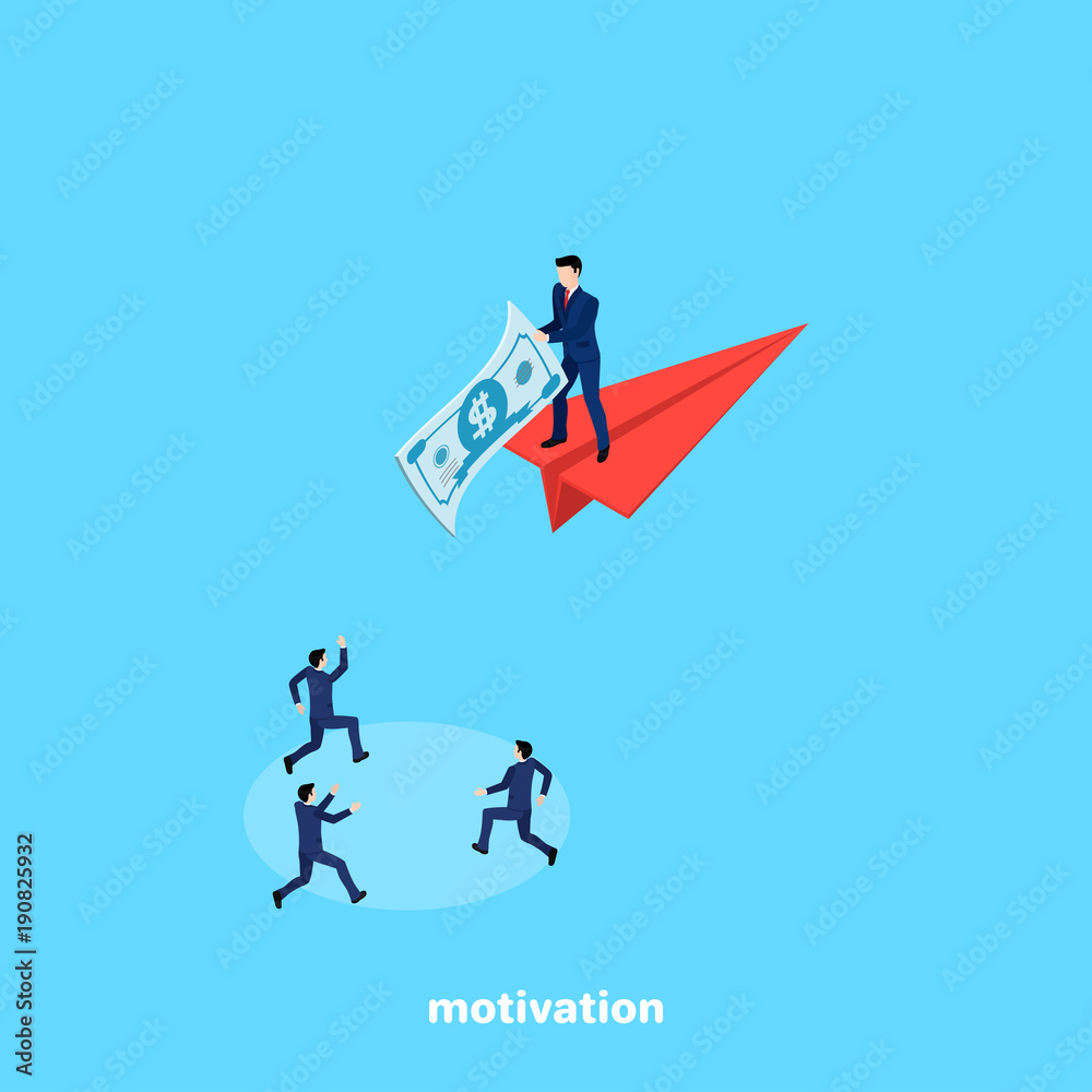 a man in business clothes flies on a paper airplane and beckons to other people for a money bill, an isometric image a man in business clothes flies on a paper airplane and beckons to other people for a money bill, an isometric image