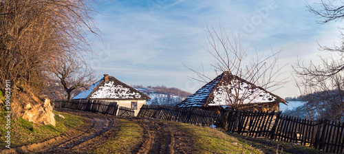 Serbian traditional village houses in winter