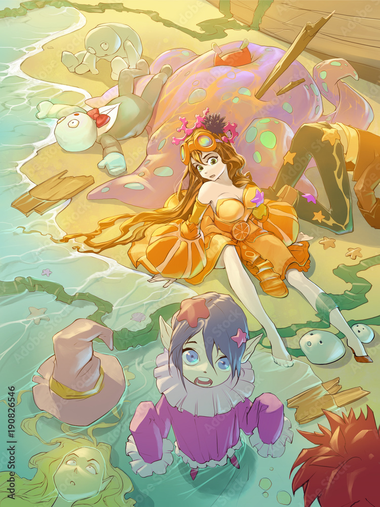 Fantasy anime cartoon illustration of some funny characters in colorful  costumes sitting on a sunny sea beach Stock Illustration | Adobe Stock