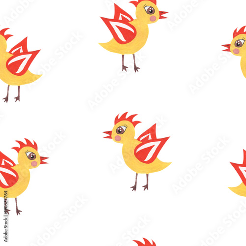 Hand paint watercolor seamless pattern with little chicken