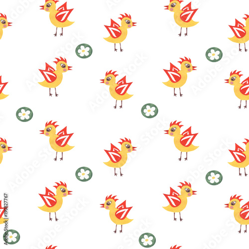 Hand paint watercolor seamless pattern with little chicken