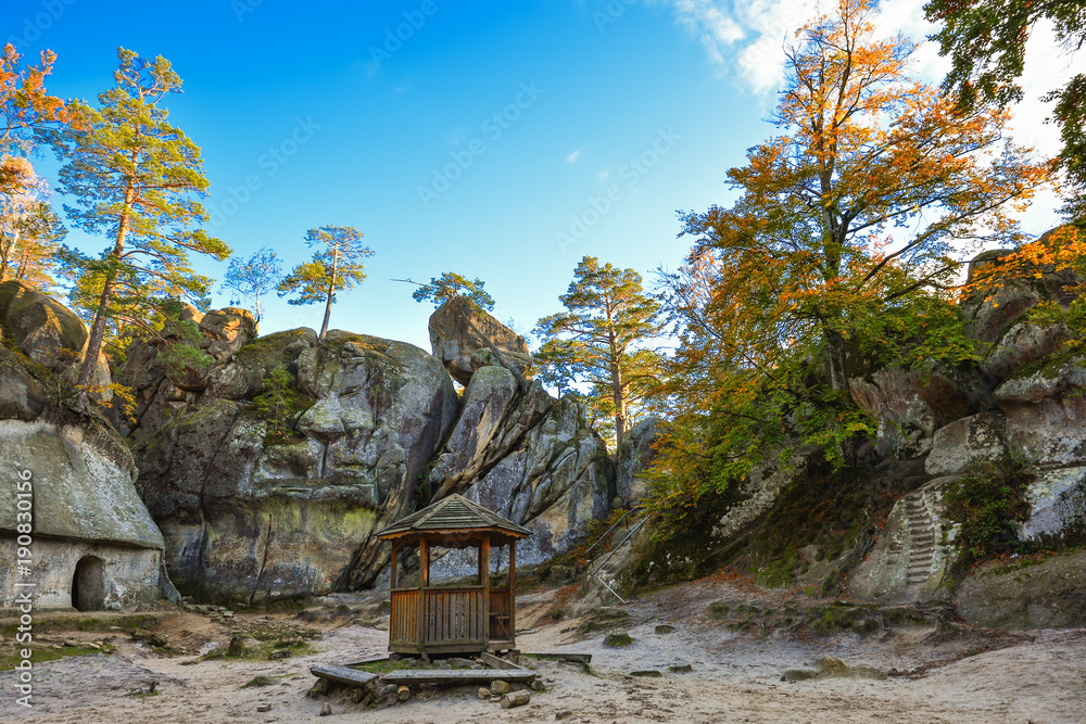 Dovbush rocks, group of rocks, natural and man-made caves carved into stone in ..the forest, named after the leader of the opryshky movement Oleksa Dovbush.