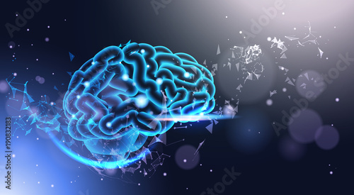 Glowing Human Brain On Poligonal Background With Shining Bokeh Light Low Poly Style Science, Medicine And Technology Concept Vector Illustration