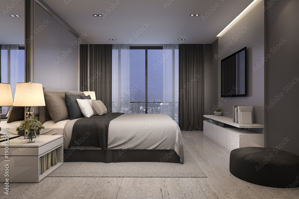 3d rendering modern luxury bedroom suite at night with cozy design 3d rendering modern luxury bedroom suite at night with cozy design