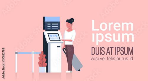 Woman With Suitcase Using Queue Management System Terminal At Airport Waiting For Check In And Registration Flat Vector Illustration