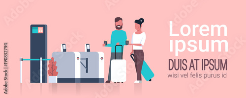 Couple Of Tourists With Suitcases Checking In At Airport Passing Through Security Scanner For Registration Flat Vector Illustration