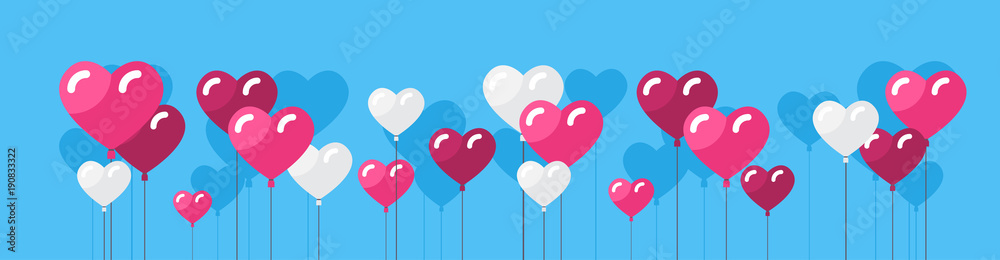 Heart Shape Air Balloons Valentines Day Background Concept Horizontal Banner Flat Vector Illustration