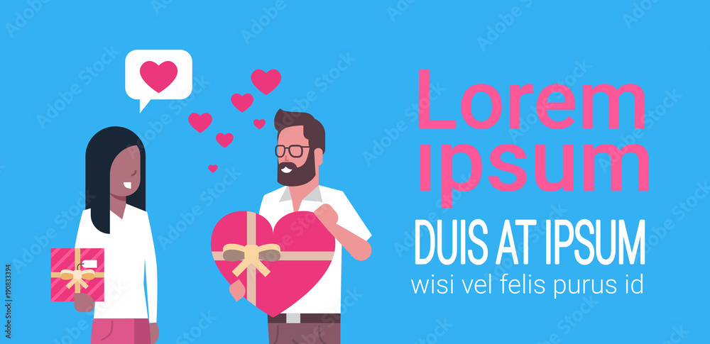 Couple Holding Heart Shaped Presents Over Template Background Valentine Day Holiday Event Concept Flat Vector Illustration Couple Holding Heart Shaped Presents Over Template Background Valentine Day Holiday Event Concept Flat Vector Illustration